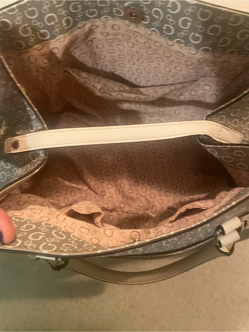 GUESS Gray Monogram Satchel with Cream Trim
